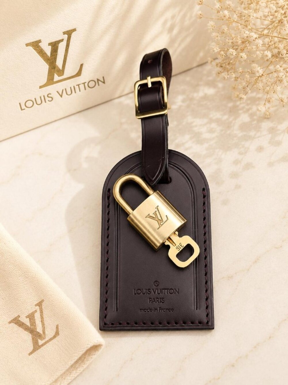 Authentic Louis Vuitton Brown Luggage Tag & Gold Padlock with Key-Made in France